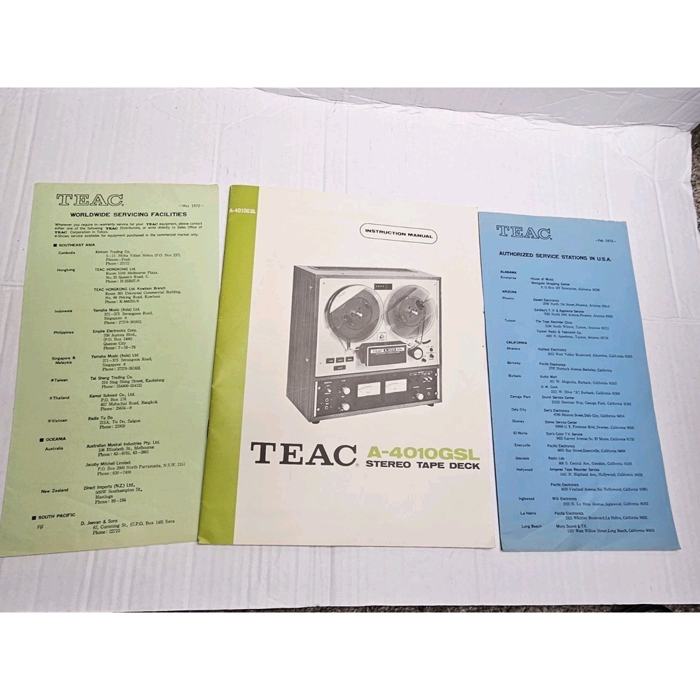 TEAC A-4010GSL Stereo Tape Deck Original Instruction Manual & Service Booklets